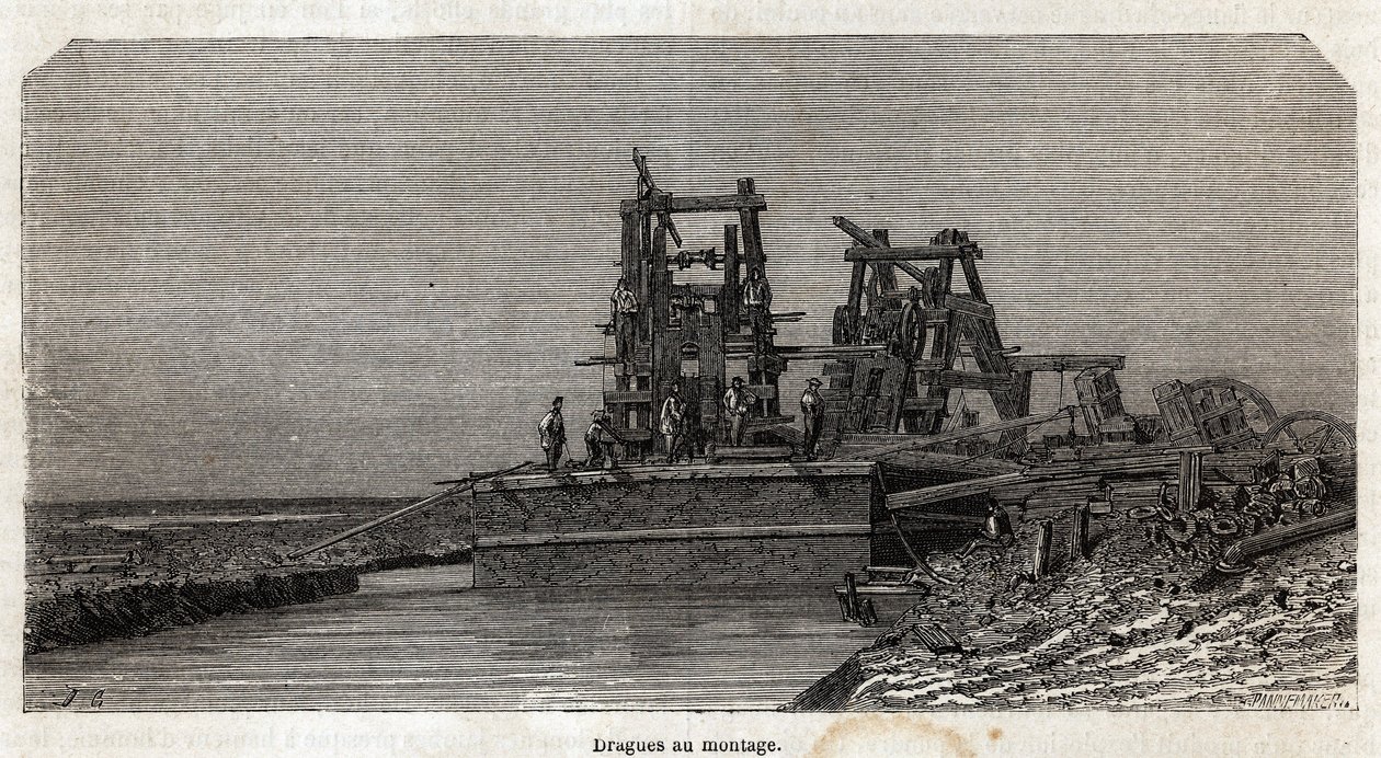 Dragues sur le canal de Suez, dessin de Grenet, pour illustrer une excursion au canal de Suez en 1862 par Paul Merruau. Gravure dans « Le tour du monde », édité par Edouard Charton - Edward Grenet