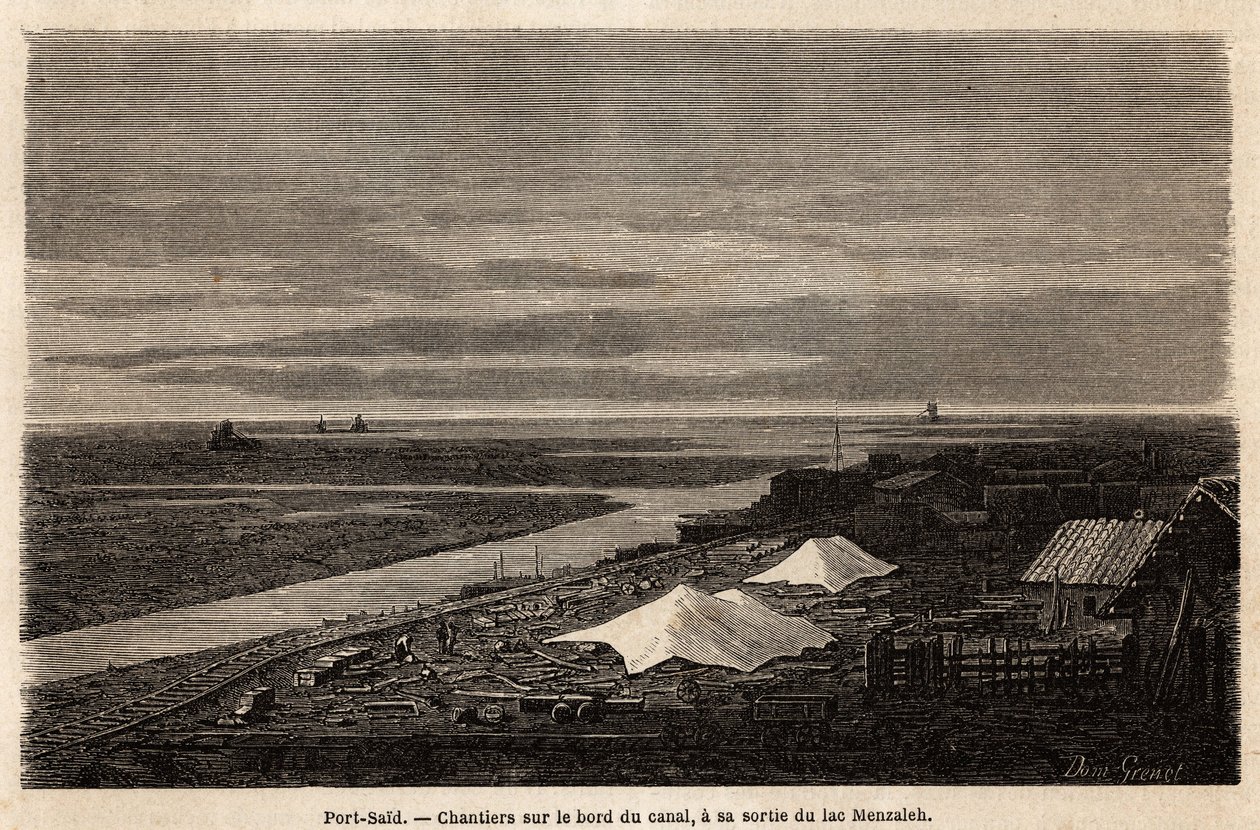 Chantiers navals de Port-Saïd, au bord du canal de Suez, à sa sortie du lac Menzaleh, dessin de Grenet, pour illustrer une excursion au canal de Suez, en 1862, par Paul Merruau. Gravure dans "Le tour du monde", édité par Edouard Charton - Edward Grenet
