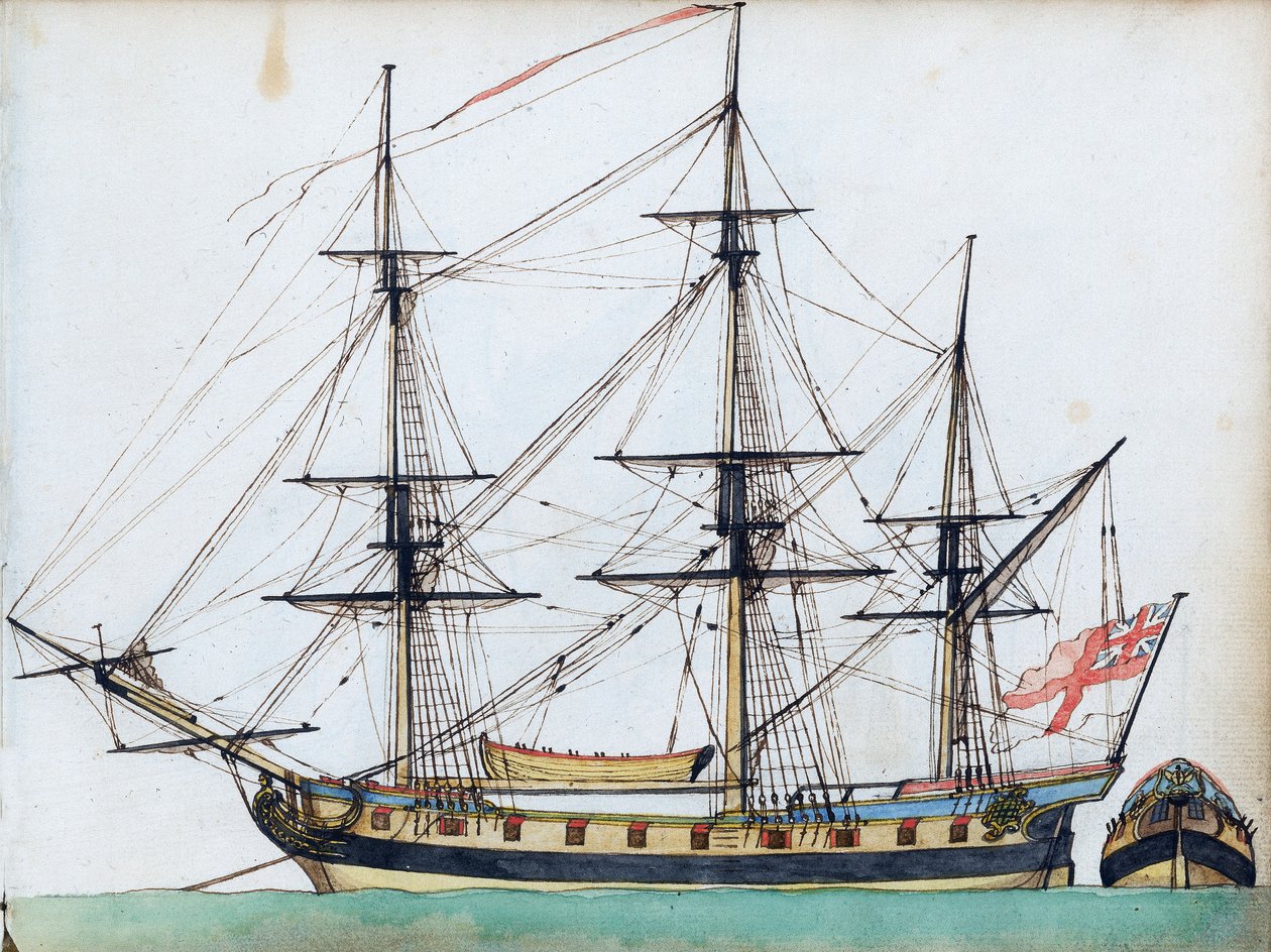 Navire britannique de 20 canons, montrant le gréement et une chaloupe, et une vue séparée de la poupe, vers 1780 - Edward Gwyn