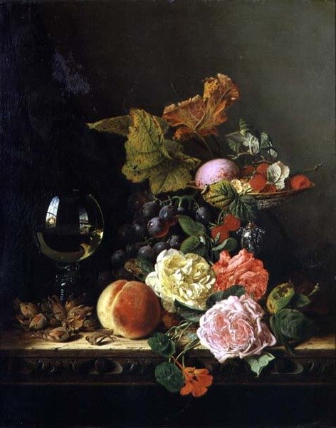 Un verre de vin, des raisins, des noix et des roses sur un rebord - Edward Ladell
