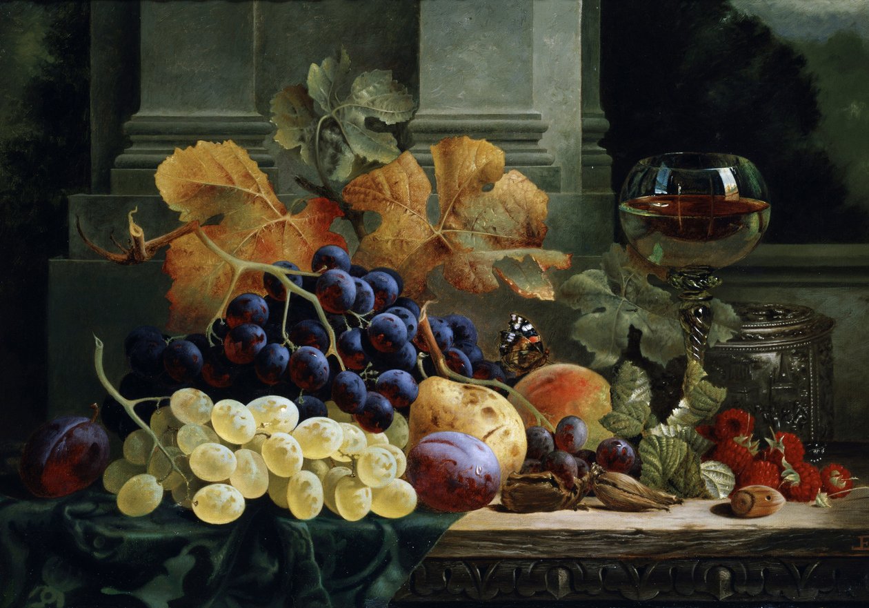 Nature morte de fruits et papillon. Peinture de Edward Ladell (1821-1886) Collection privee. - Edward Ladell