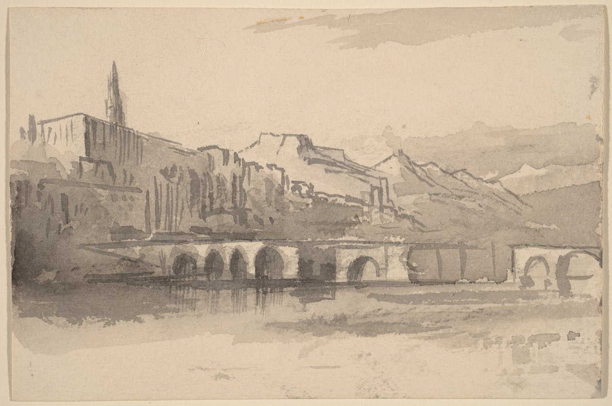 Pont avec les montagnes au loin (Vintimille) - Edward Lear