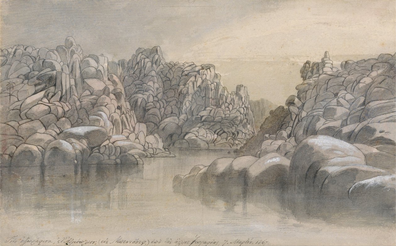 Passage de la rivière entre des falaises rocheuses semi-désertiques - Edward Lear
