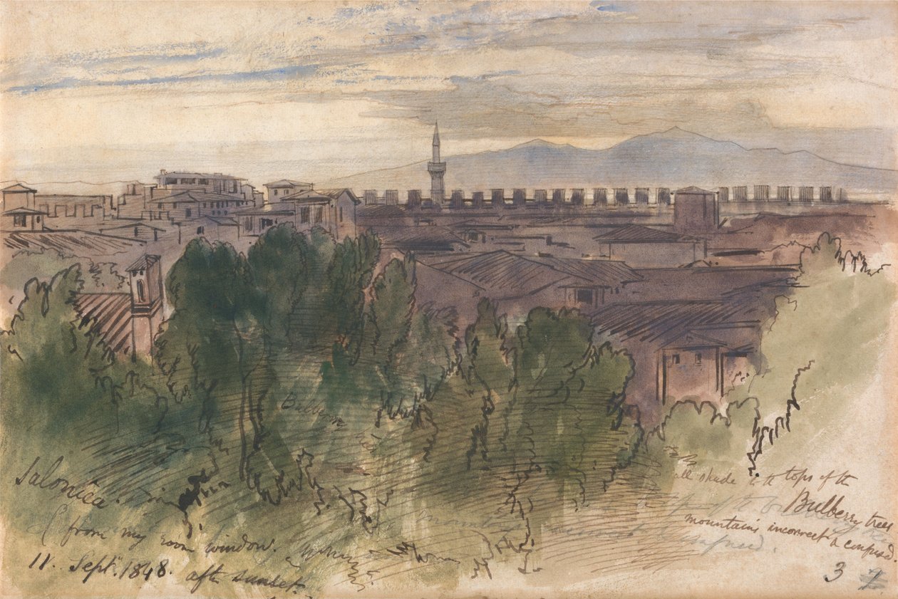 Thessalonique, vue depuis la fenêtre de ma chambre, le 11 septembre 1848, après le coucher du soleil - Edward Lear
