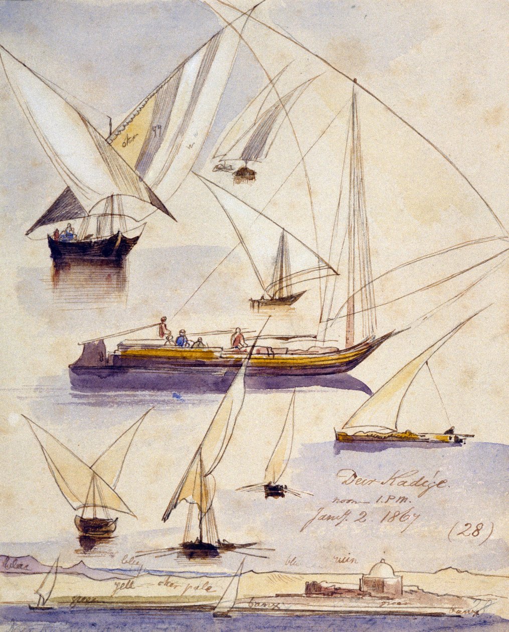Études de divers bateaux égyptiens (y compris des dahabeeyahs et des gyassis) près de Deir KAdige (Égypte) représentés sur un tronçon calme et, en bas de la page, une vue des rives du Nil avec une mosquée - Edward Lear