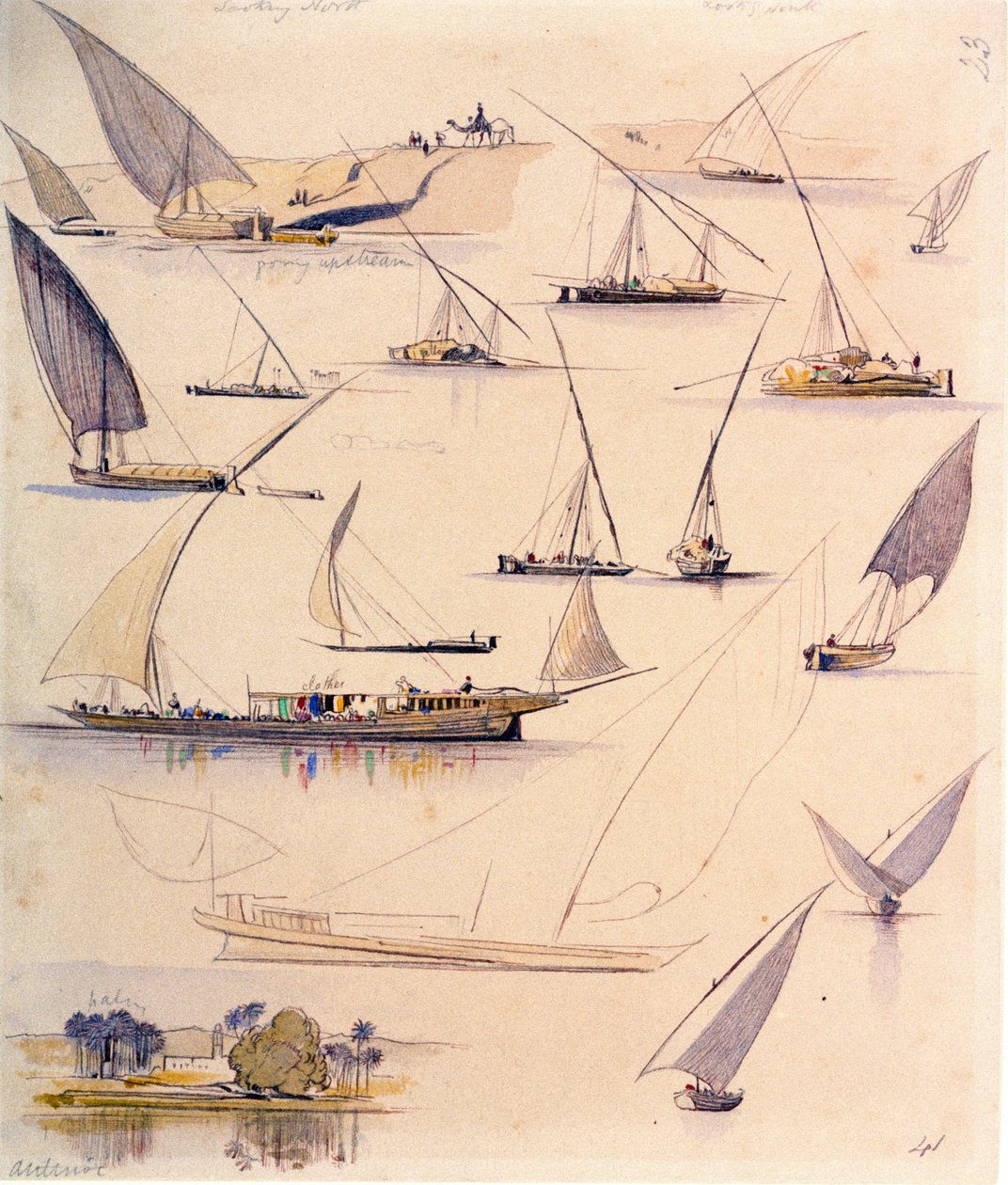 Études de divers bateaux égyptiens. Dessin aquarelle coloré - Edward Lear