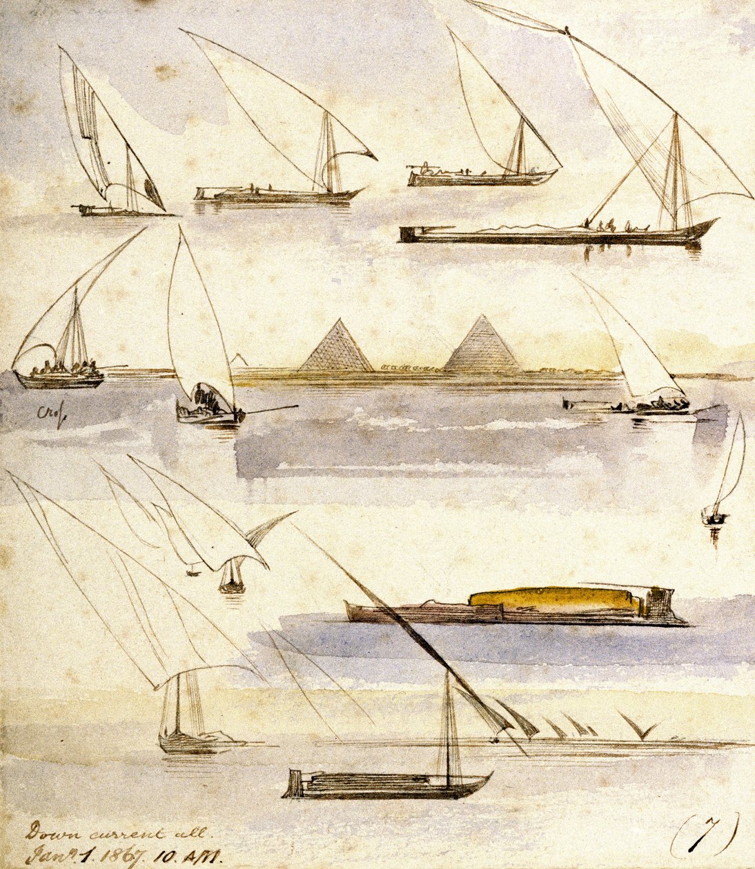 Étude de divers bateaux égyptiens (Dahabeeyahs et Gyassis), avec une scène devant les pyramides de Gizeh (Le Caire) au milieu de la page - Edward Lear