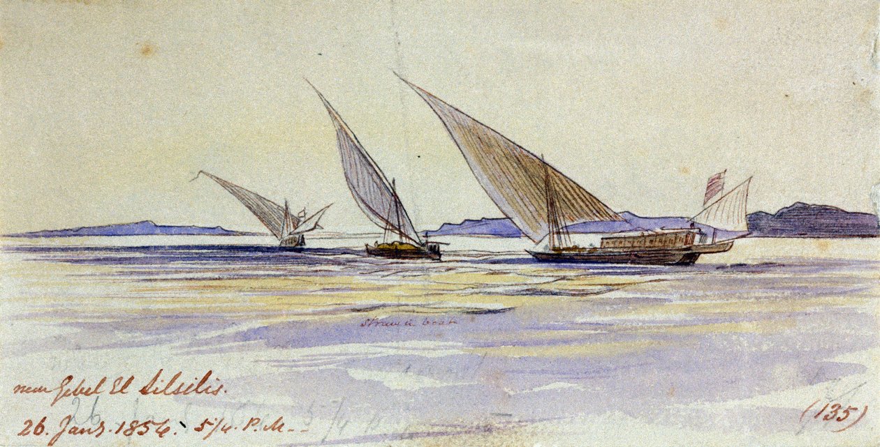 Trois navires de transport égyptiens traditionnels, naviguant sur le Nil, près de Gebel el-Silsila ou Gebel Silsileh (Égypte) - Edward Lear