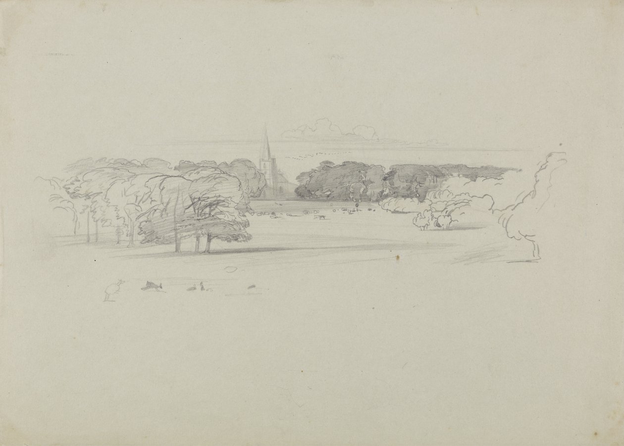 Vue sur une église à travers une prairie - Edward Lear