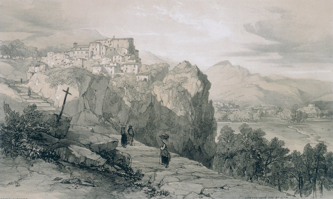 Rocca Giovane et au loin les villes de Licenza et Civitella di Licenza - Edward Lear