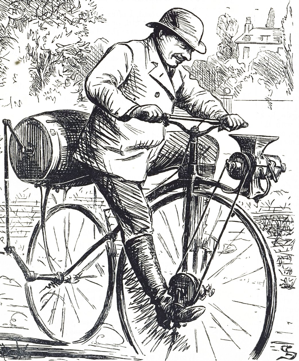 Dessin humoristique représentant un vélo moulin à café - Edward Linley Sambourne