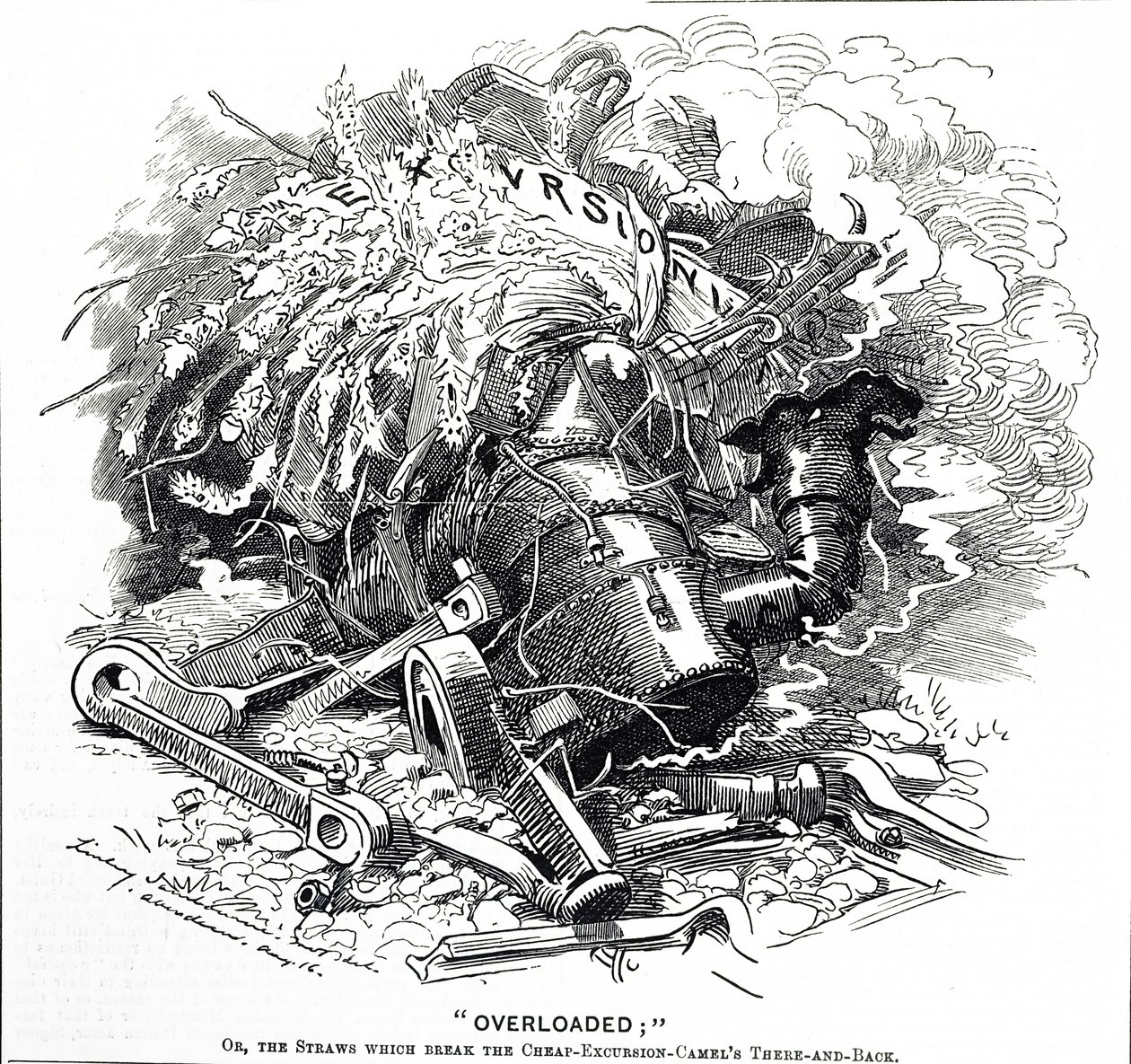 Caricature intitulée "Surchargé"; ou la paille qui a brisé le dos du chameau - Edward Linley Sambourne