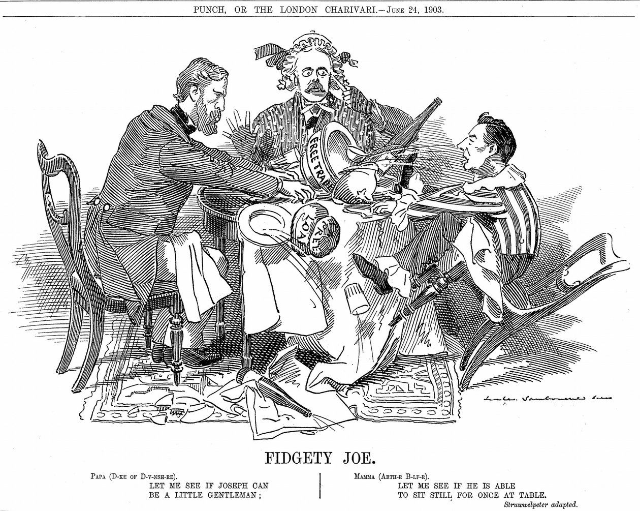 Gouvernement de coalition. Le duc de Devonshire et Arthur Balfour (au centre) essayant de contrôler Joseph Chamberlain, chef du parti junior dans la coalition. En septembre 1903, il a démissionné pour être libre de défendre ses réformes tarifaires. Caricat - Edward Linley Sambourne