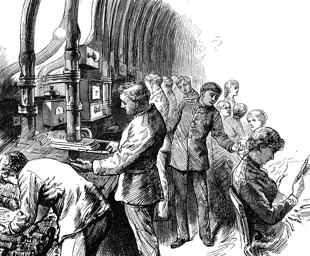 Gravure représentant le transport pneumatique utilisé par la Poste générale pour transporter des colis sous Londres - Edward Linley Sambourne