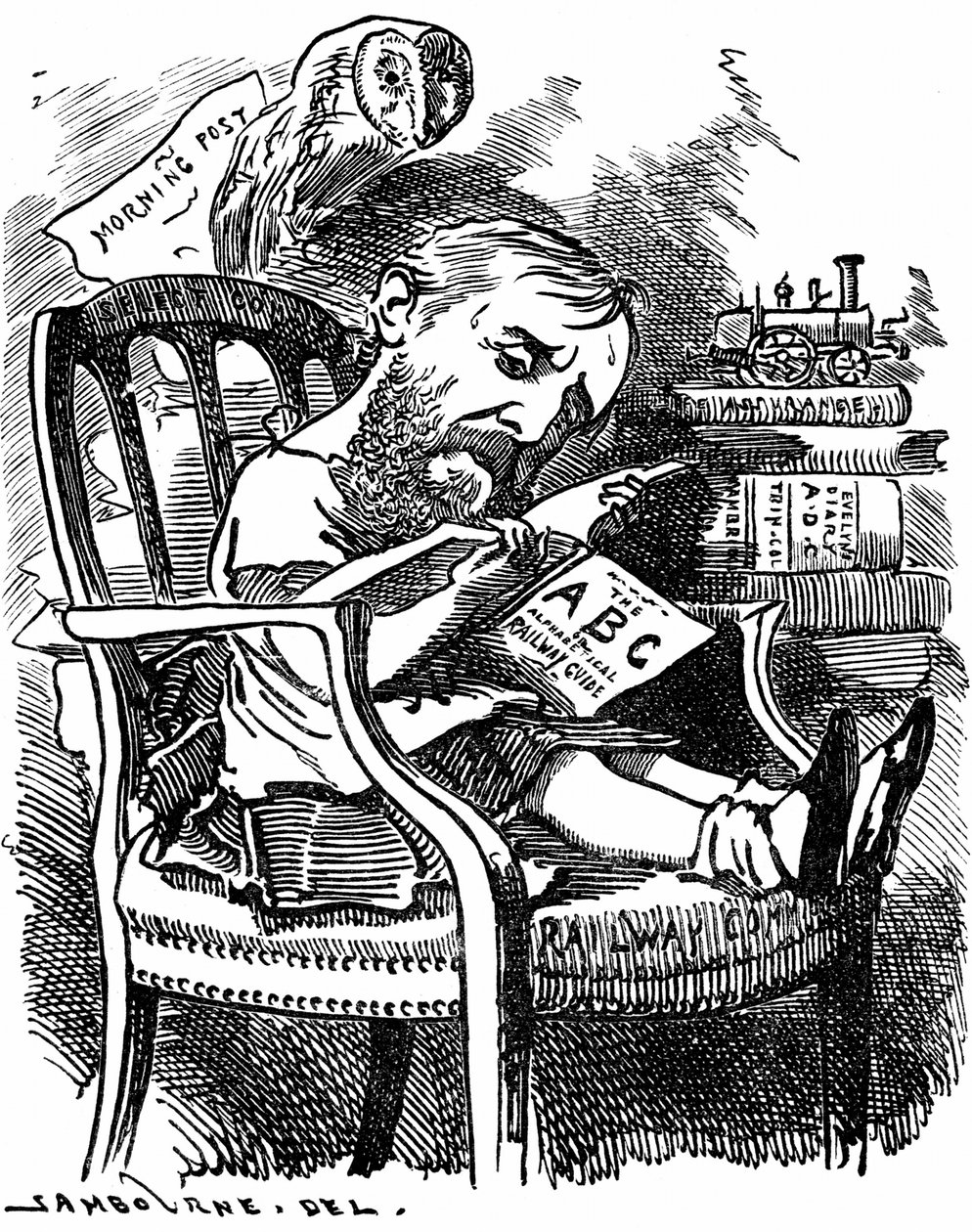 Evelyn Ashley (1836-1907) auteur anglais et homme politique libéral : fils du 7e comte de Shaftesbury. Caricature par Edward Linley Sambourne dans la série Fancy Portraits de Punch Londres avril 1881 lorsque Ashley était sous-secrétaire au Board of Trade. - Edward Linley Sambourne