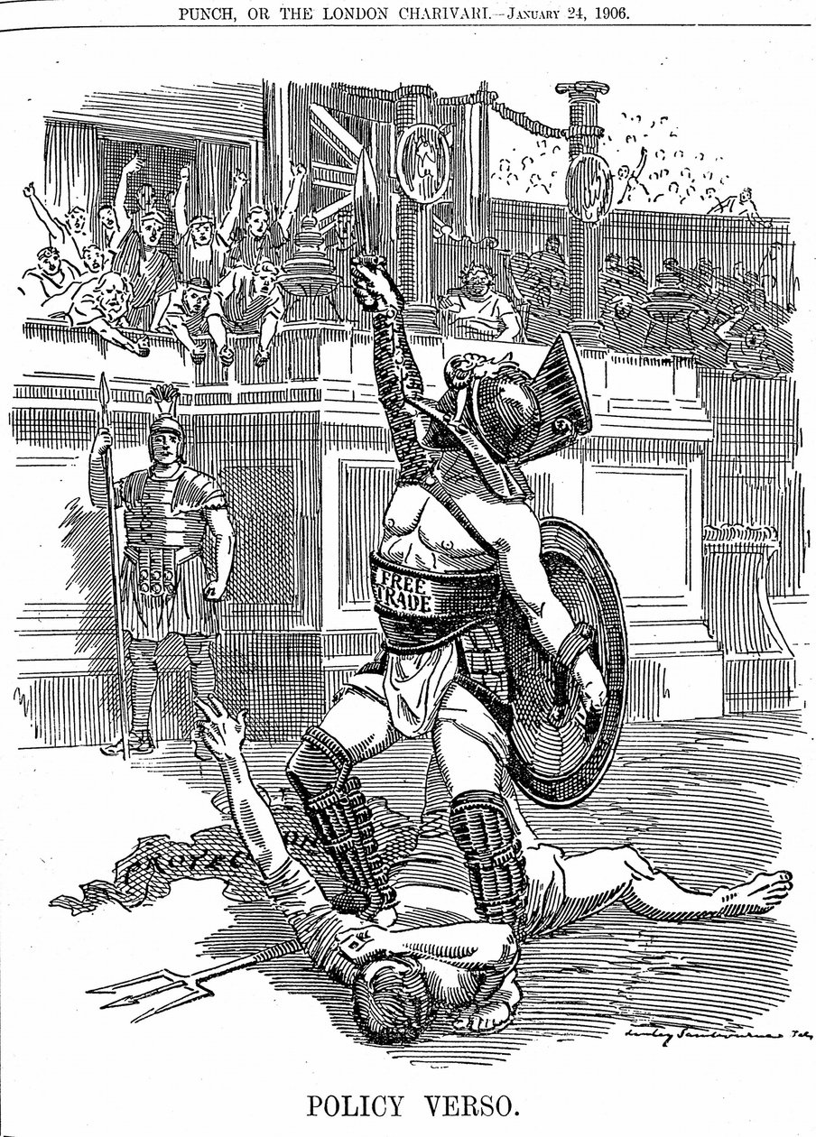 Avec le retour du gouvernement libéral en Grande-Bretagne, décembre 1905, le libre-échange était la politique, plutôt que la politique conservatrice de protection par tarif. Caricature d
