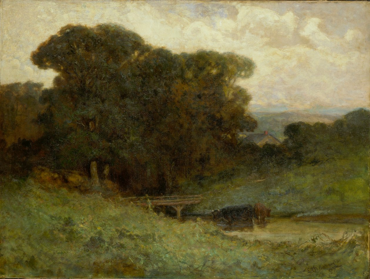 Sans titre (scène de forêt avec pont, vaches dans un ruisseau au premier plan) - Edward Mitchell Bannister