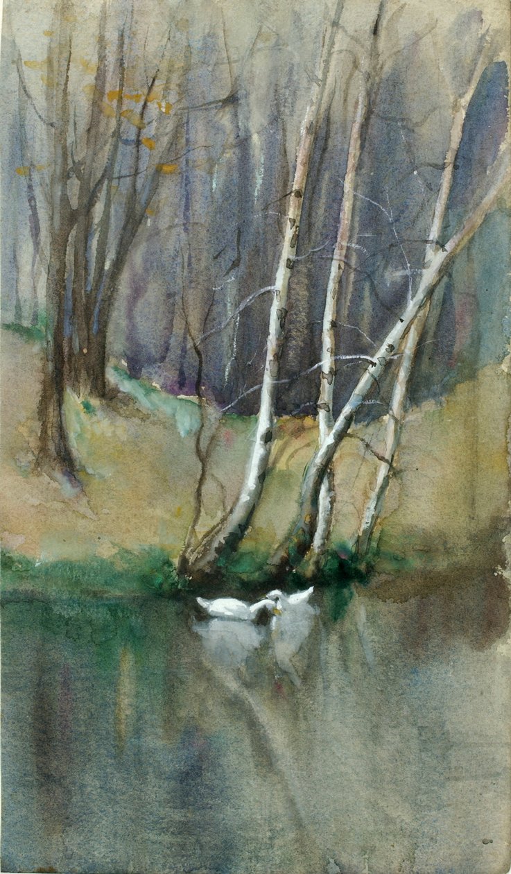 Scène de bois sans titre avec des bouleaux et des canards - Edward Mitchell Bannister
