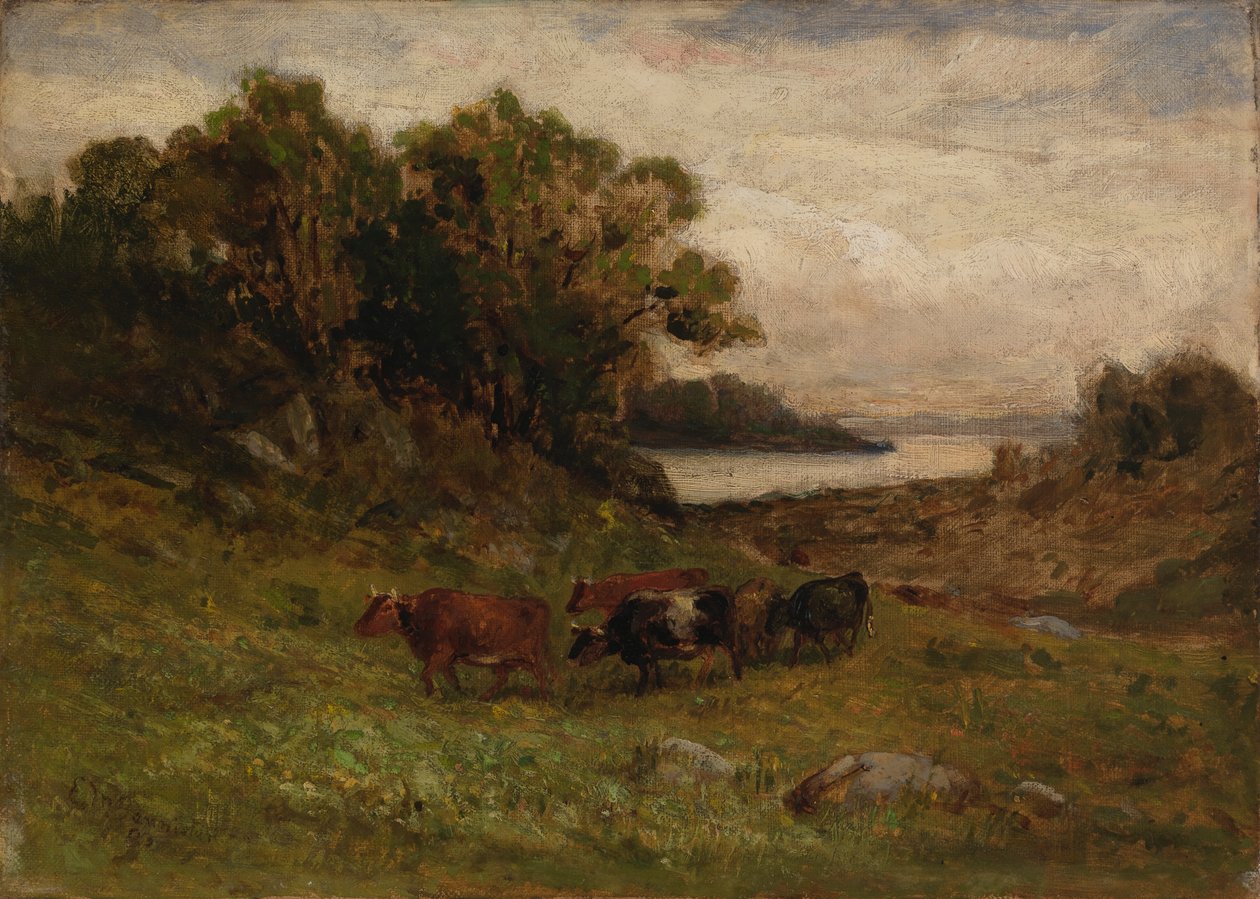 Sans titre cinq vaches paissant avec des arbres et une rivière en arrière-plan - Edward Mitchell Bannister