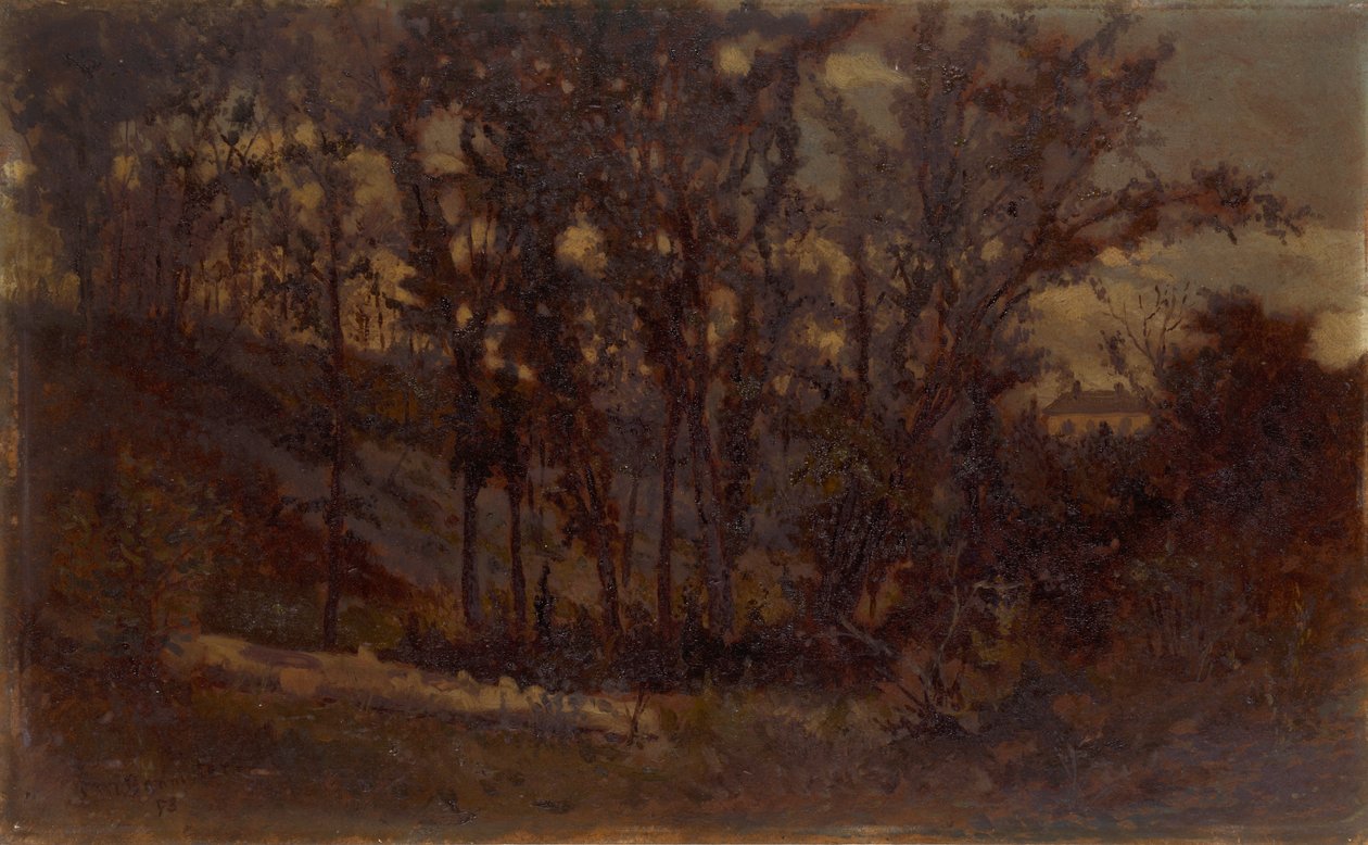Scène de forêt sans titre, arbre tombé au premier plan et maison en arrière-plan, 1873 - Edward Mitchell Bannister