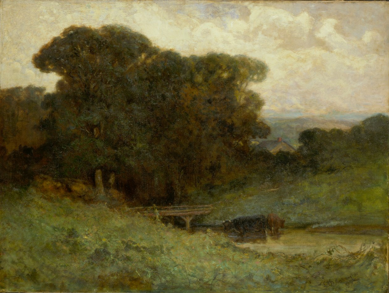 Scène de forêt sans titre avec pont, vaches dans le ruisseau au premier plan, 1897 - Edward Mitchell Bannister