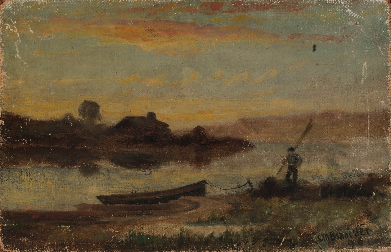 Paysage sans titre, bateau amarré près de la rive avec un homme marchant - Edward Mitchell Bannister