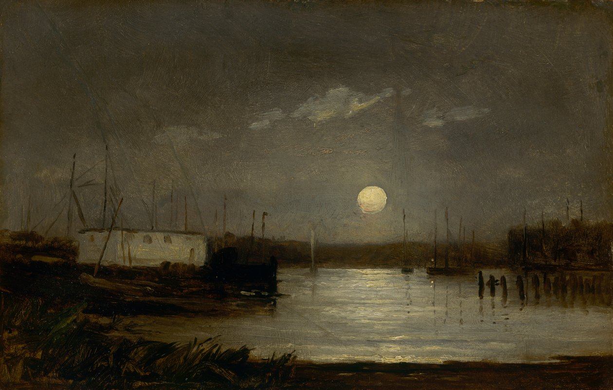 Sans titre lune sur un port, scène de quai avec pleine lune et mâts de bateaux, vers 1868 - Edward Mitchell Bannister