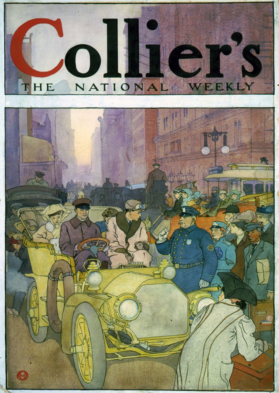 Automobile dans une rue bondée. Aquarelle par Edward Penfield - Edward Penfield