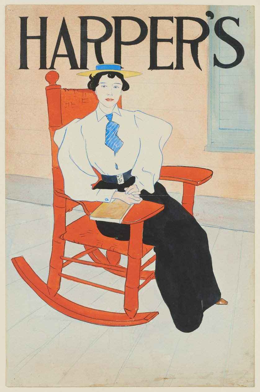 Junge Frau in einem roten Schaukelstuhl sitzend - Edward Penfield
