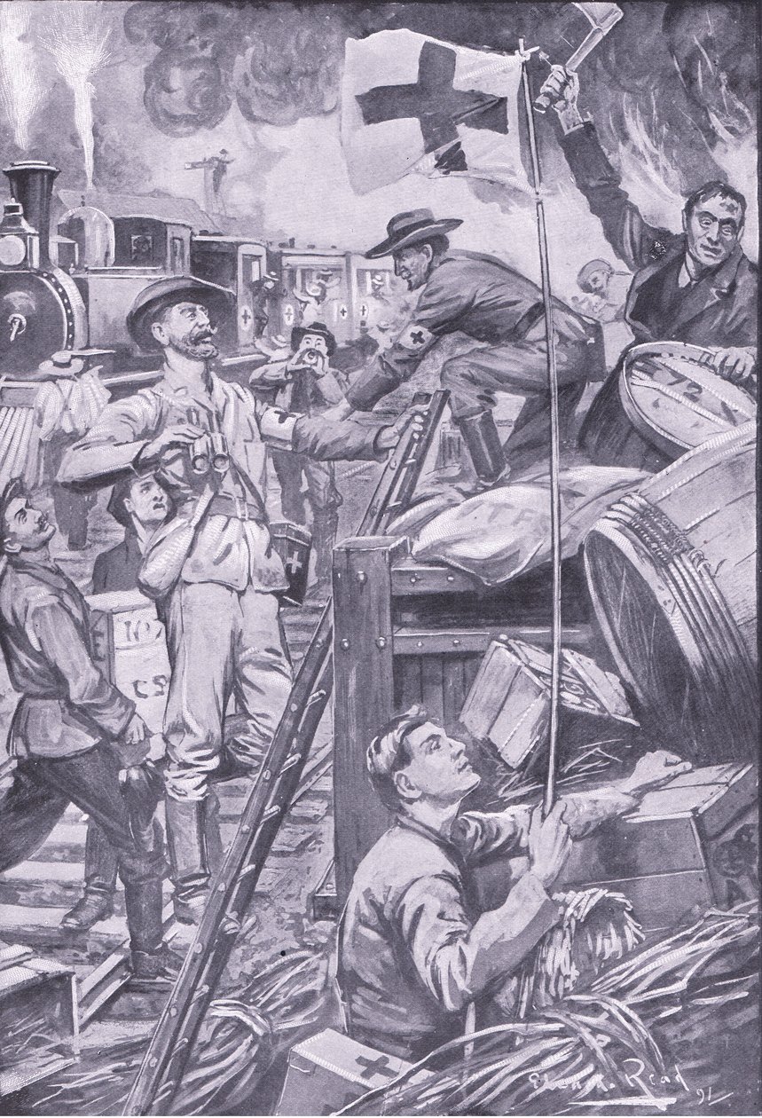 Faux ambulanciers détruisant des magasins à Komati Foort sous couvert du drapeau de la Croix-Rouge, illustration de Après Pretoria : La guerre de guérilla, 1902 - Edward Read