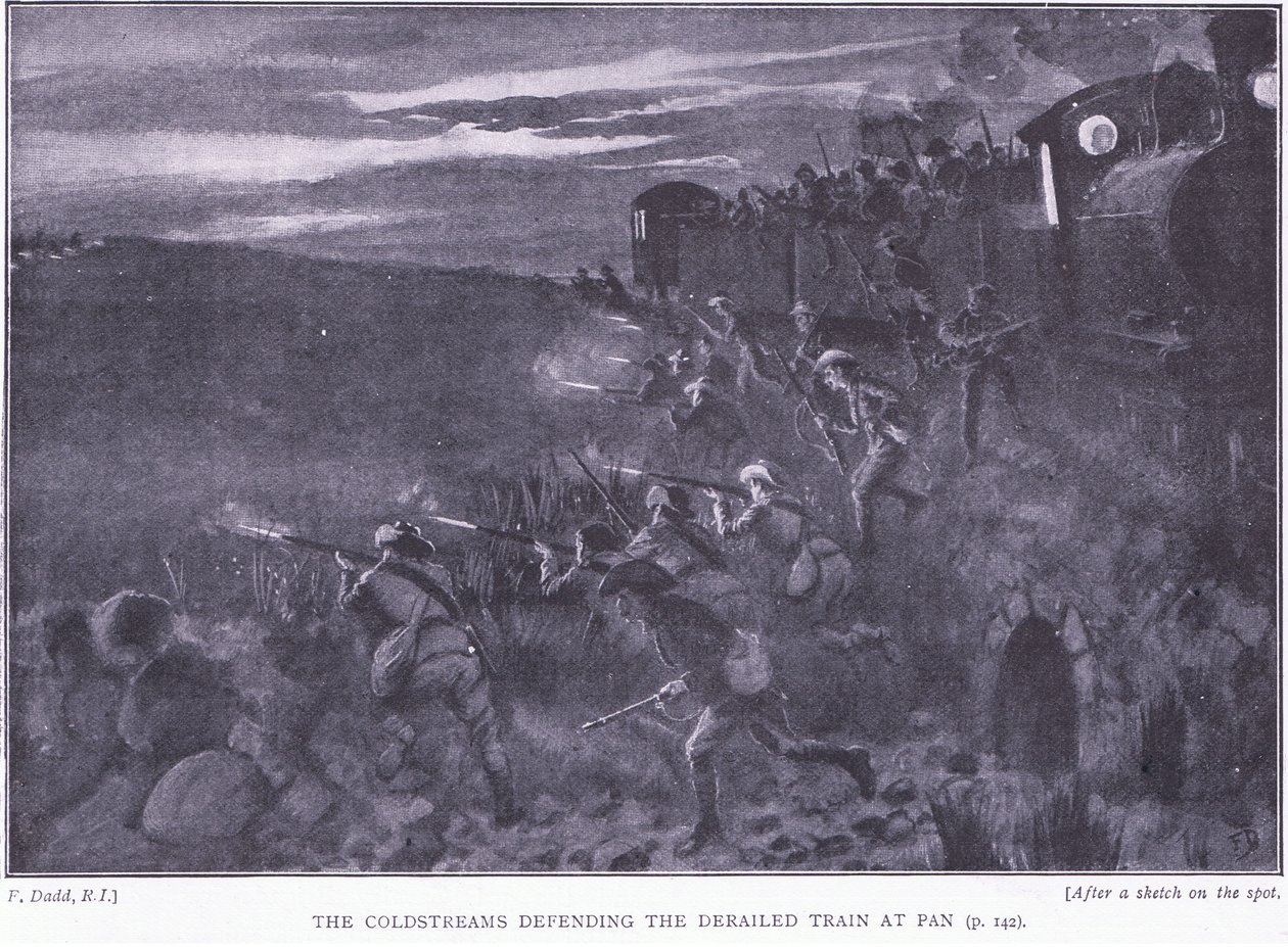 Les Coldstreams défendant un train déraillé, illustration de Après Pretoria : La guerre de guérilla, 1902 - Edward Read