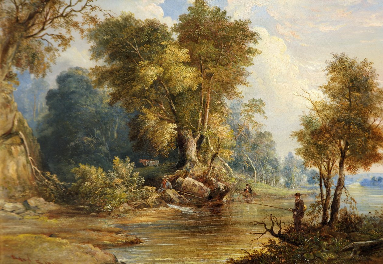 Scène de rivière avec pêcheurs, la Leadon, Gloucestershire, vers 1880 - Edward Smith