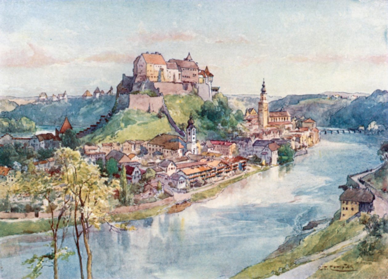 Burghausen sur la Salzach (lithographie couleur) - Edward Theodore Compton
