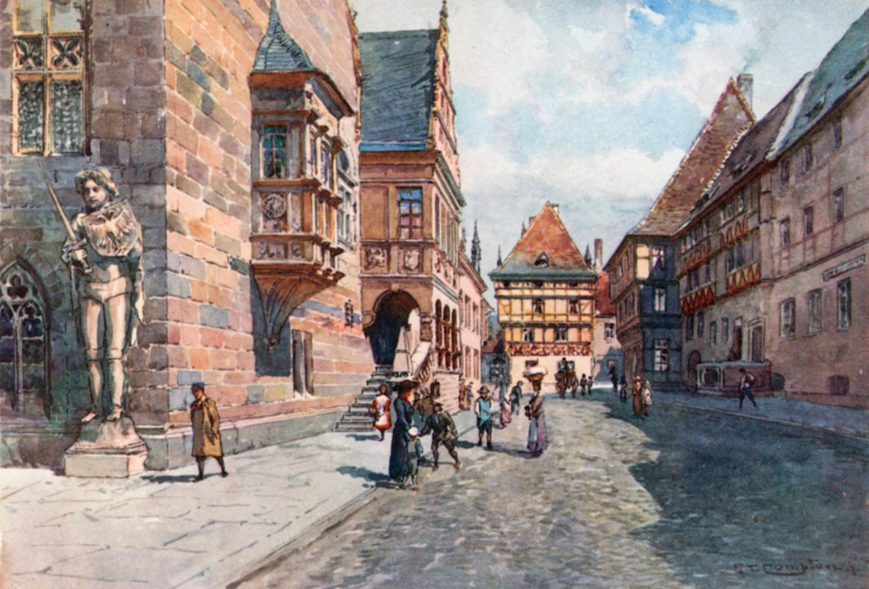 Rue et hôtel de ville de Halberstadt (lithographie couleur) - Edward Theodore Compton
