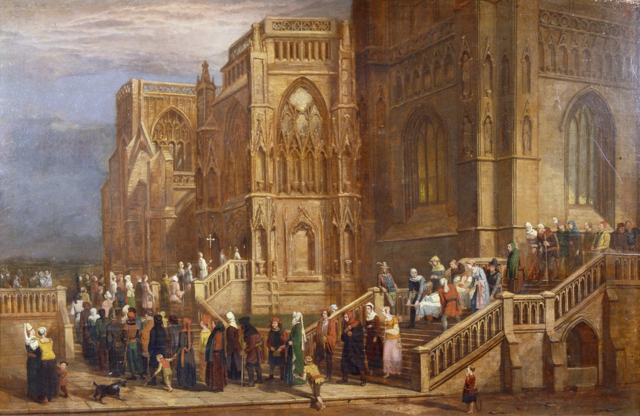 Procession de pèlerins devant St Mary Redcliffe, vers 1825-30 - Edward Villiers Rippingille