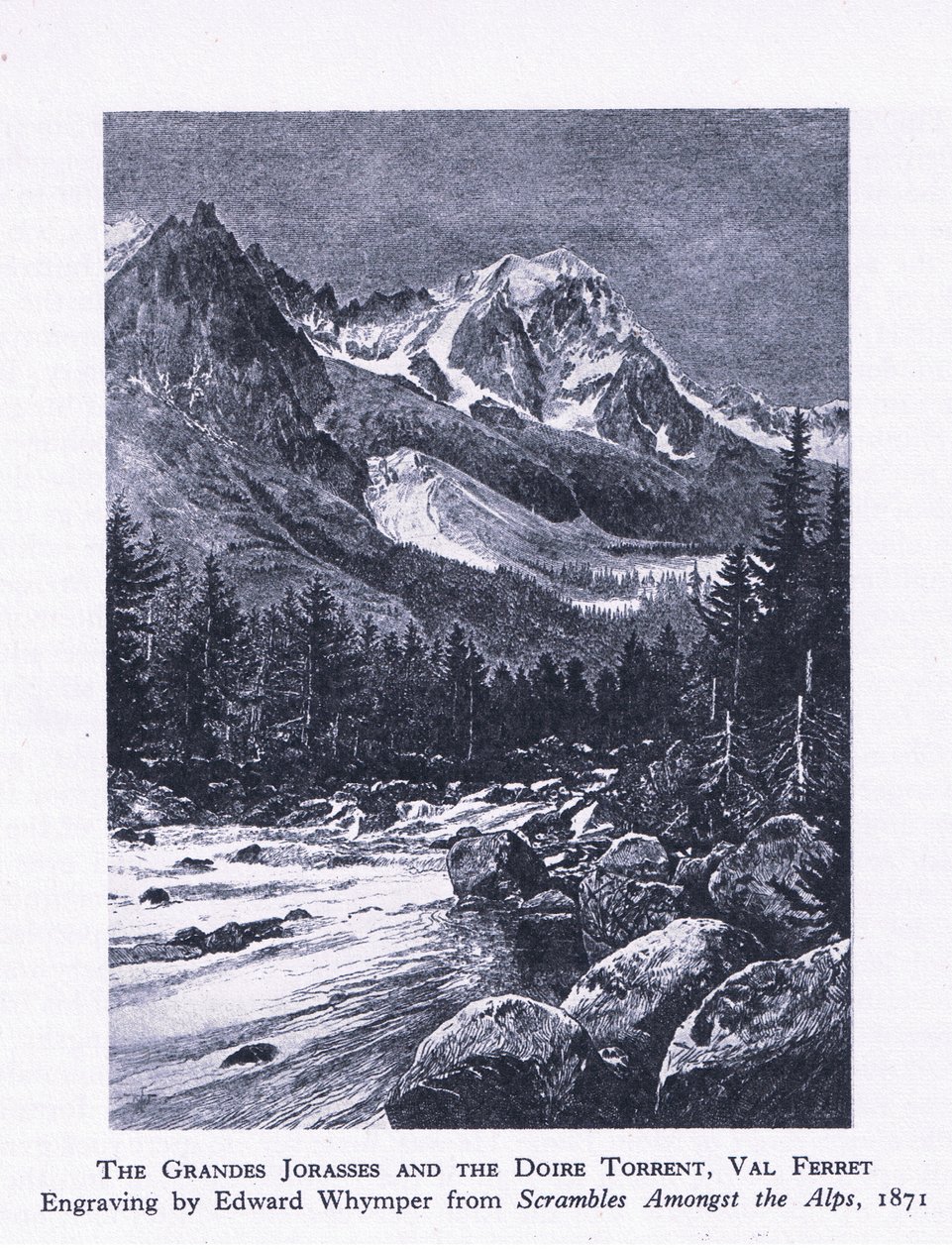 Les Grandes Jorasses et le torrent de la Doire, Val Ferret, de British Adventure publié par Collins, 1947 - Edward Whymper