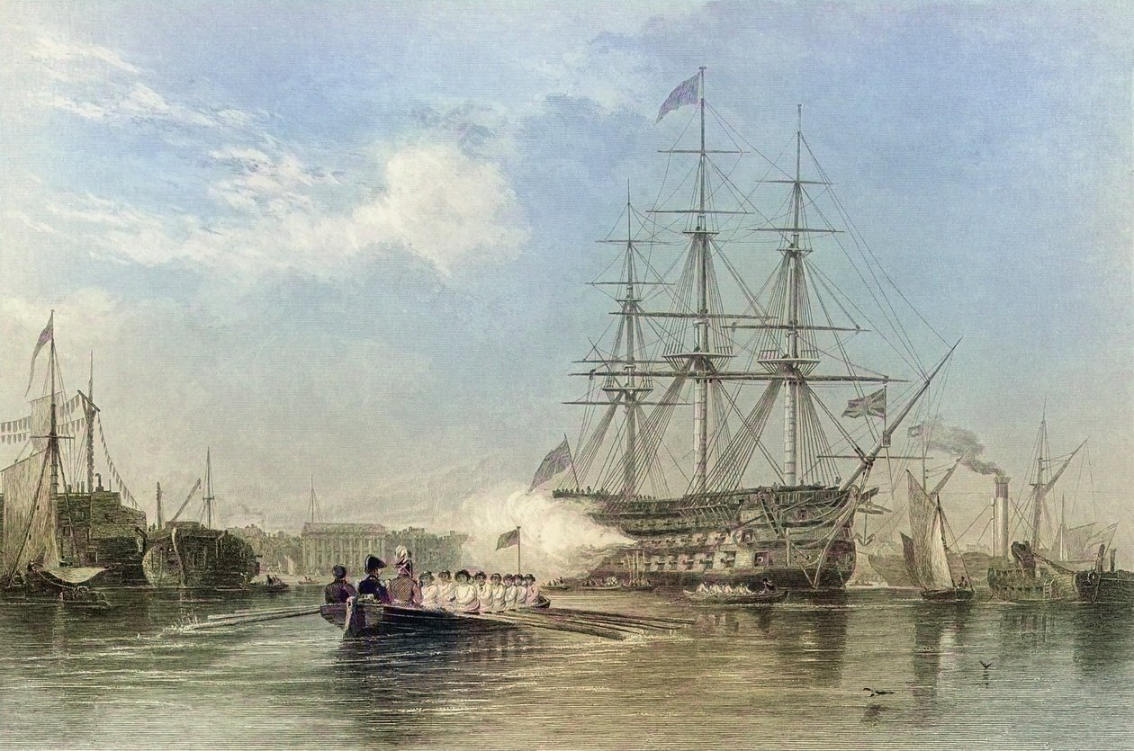 Navire amiral de la marine britannique saluant dans le port de Gosford, Angleterre. 19ème siècle (gravure) - Edward William (after) Cooke