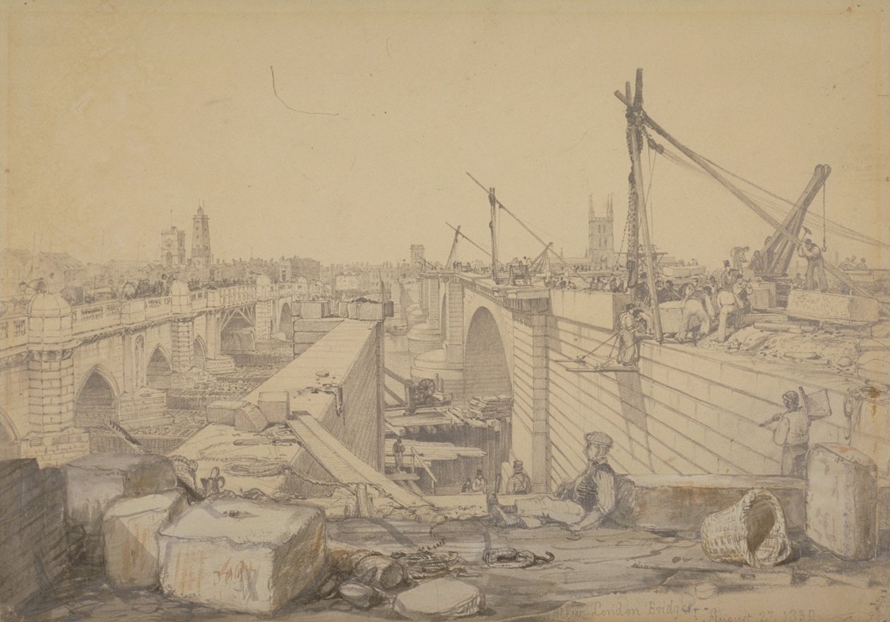 La construction du pont de Londres - Edward William Cooke