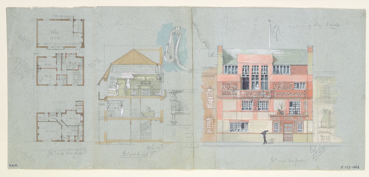 Élévation et section de la maison et du studio pour Frank Miles, Tite Street, Chelsea, 1878-79 - Edward William Godwin