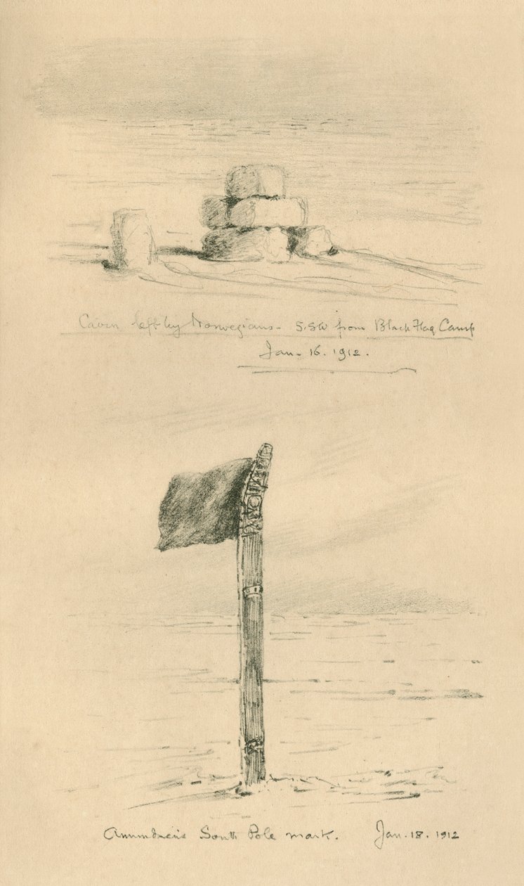 Cairn laissé par les Norvégiens et marque du pôle Sud d