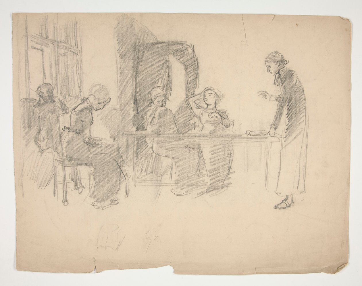 Étude précoce pour Stony Ground 1884, intérieur avec figures - Edwin Austin Abbey