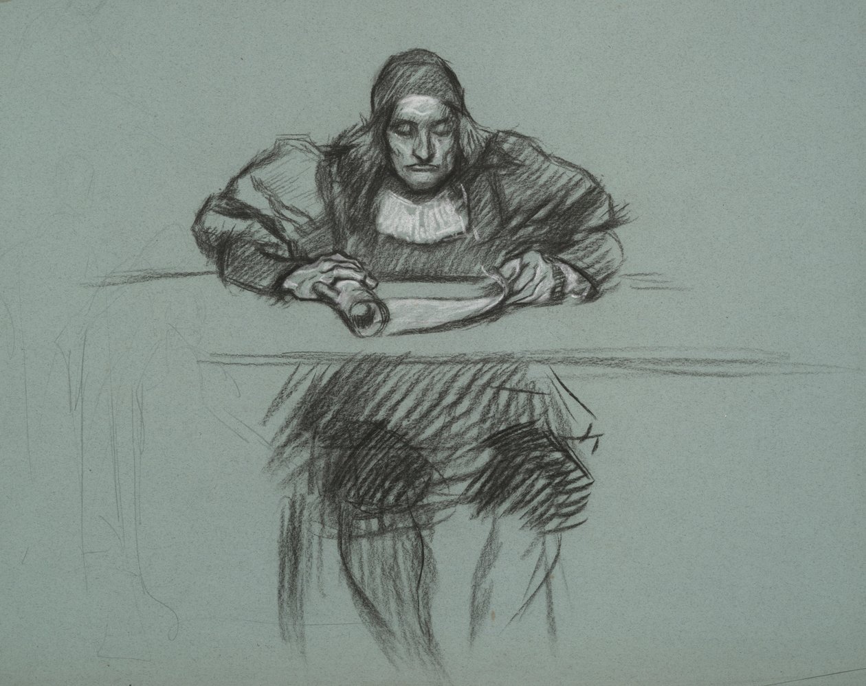 Figure pour le procès de la reine Katherine. greffier au bureau - Edwin Austin Abbey
