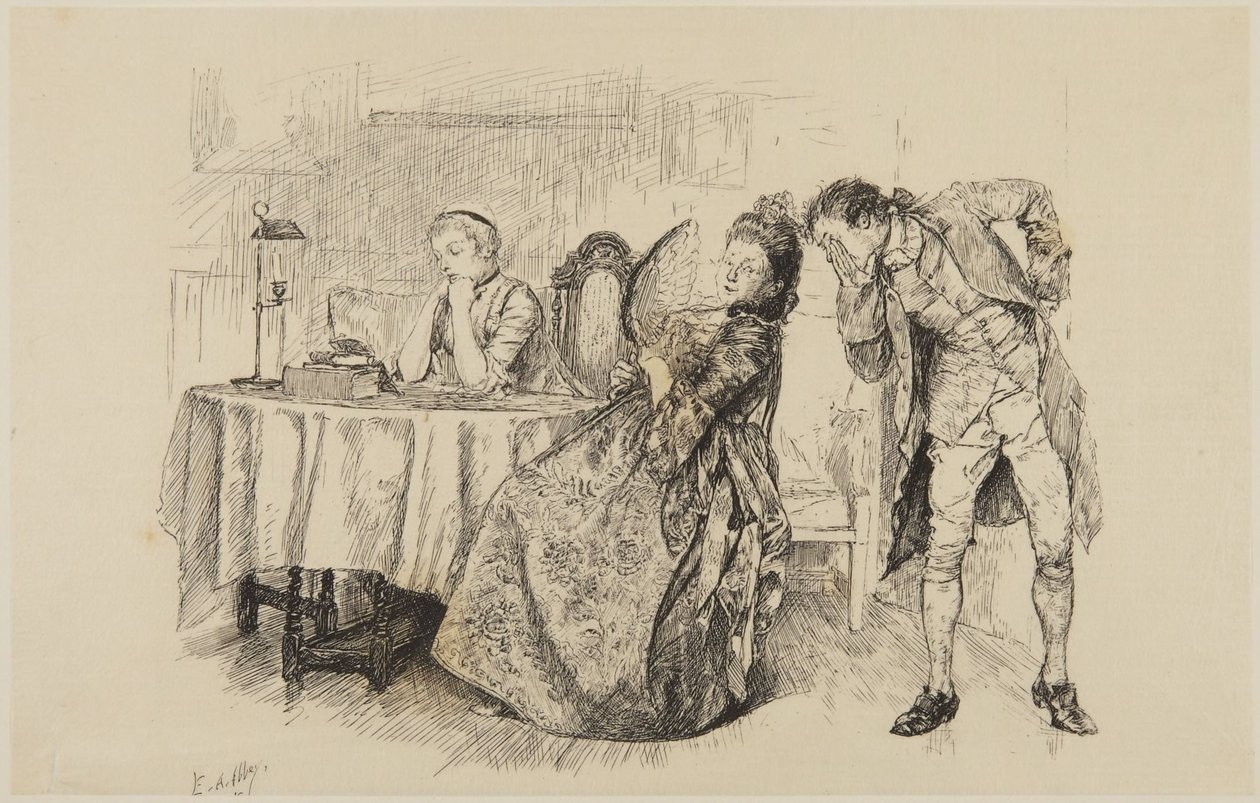 Illustration pour She Stoops to Conquer de Goldsmith : « Alors pourquoi ne le lui dites-vous pas tout de suite ? » - Edwin Austin Abbey