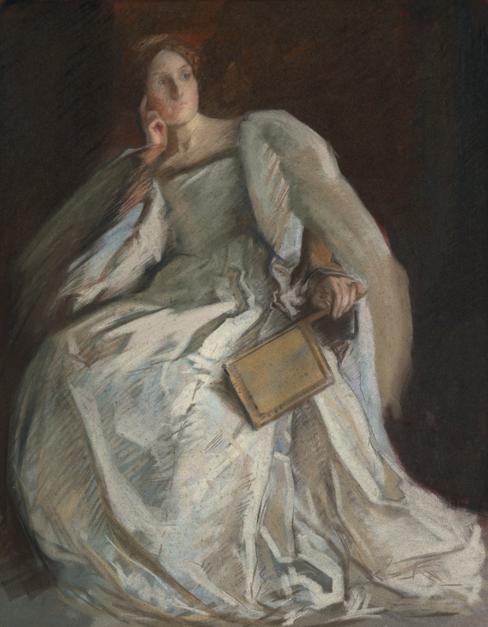 Dame en blanc assise. Main droite au menton. Tenant un éventail. - Edwin Austin Abbey