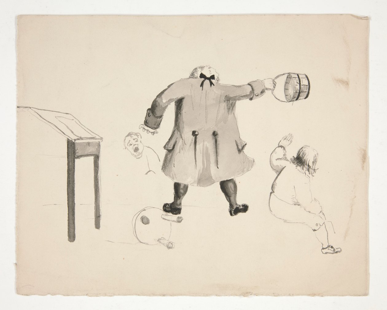 Homme balançant un seau vers deux garçons (recto); Deux hommes derrière un mur (verso) - Edwin Austin Abbey