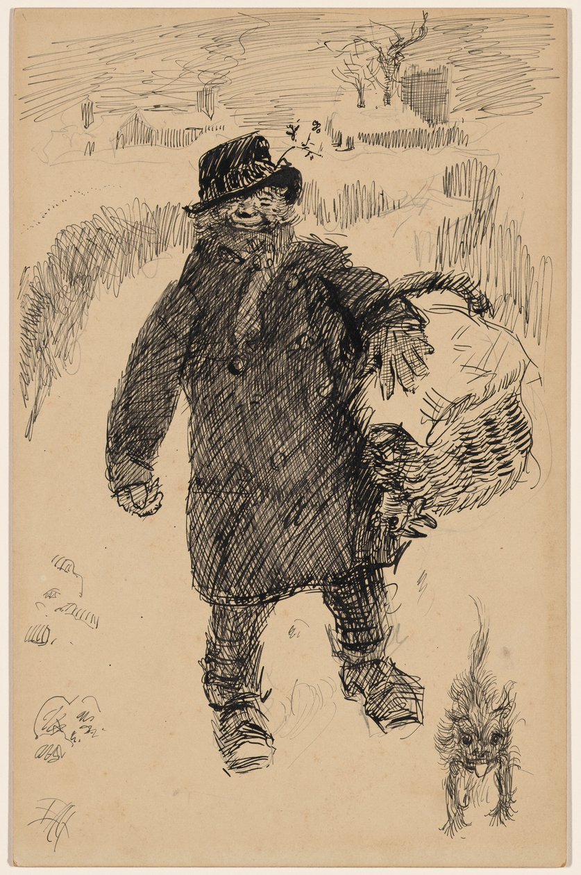 Homme marchant dans la neige, portant un panier couvert, accompagné d