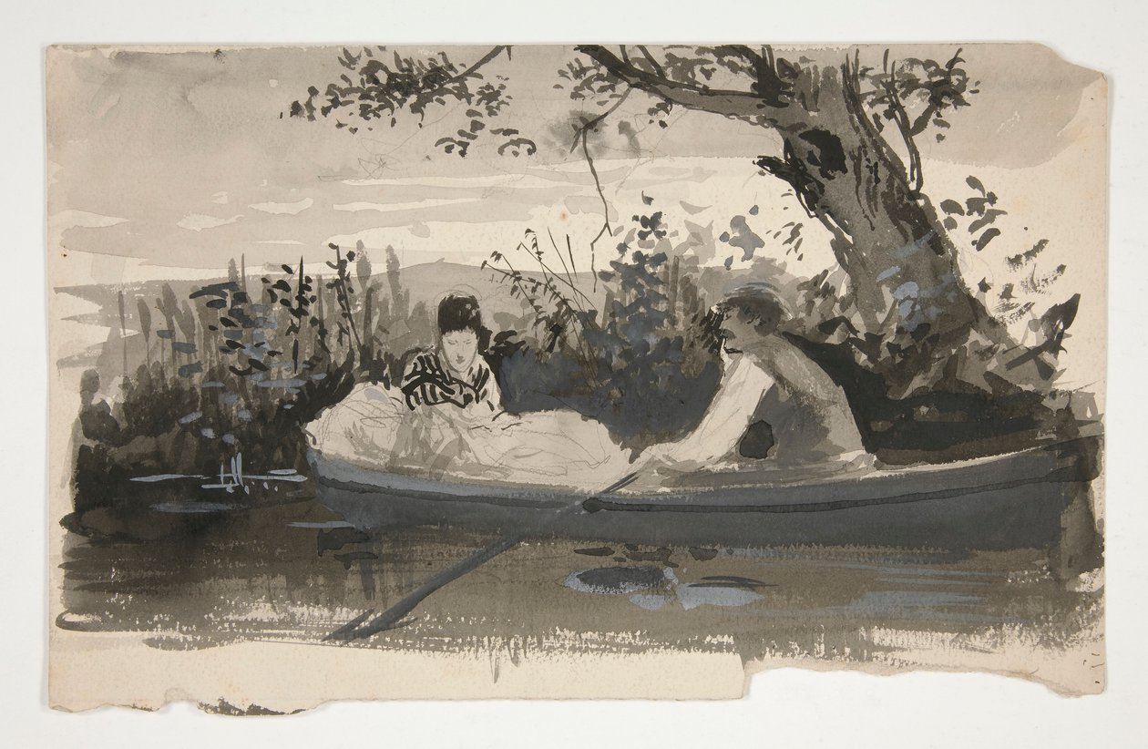 Homme et femme dans une barque, près de la rive - illustration non identifiée - Edwin Austin Abbey