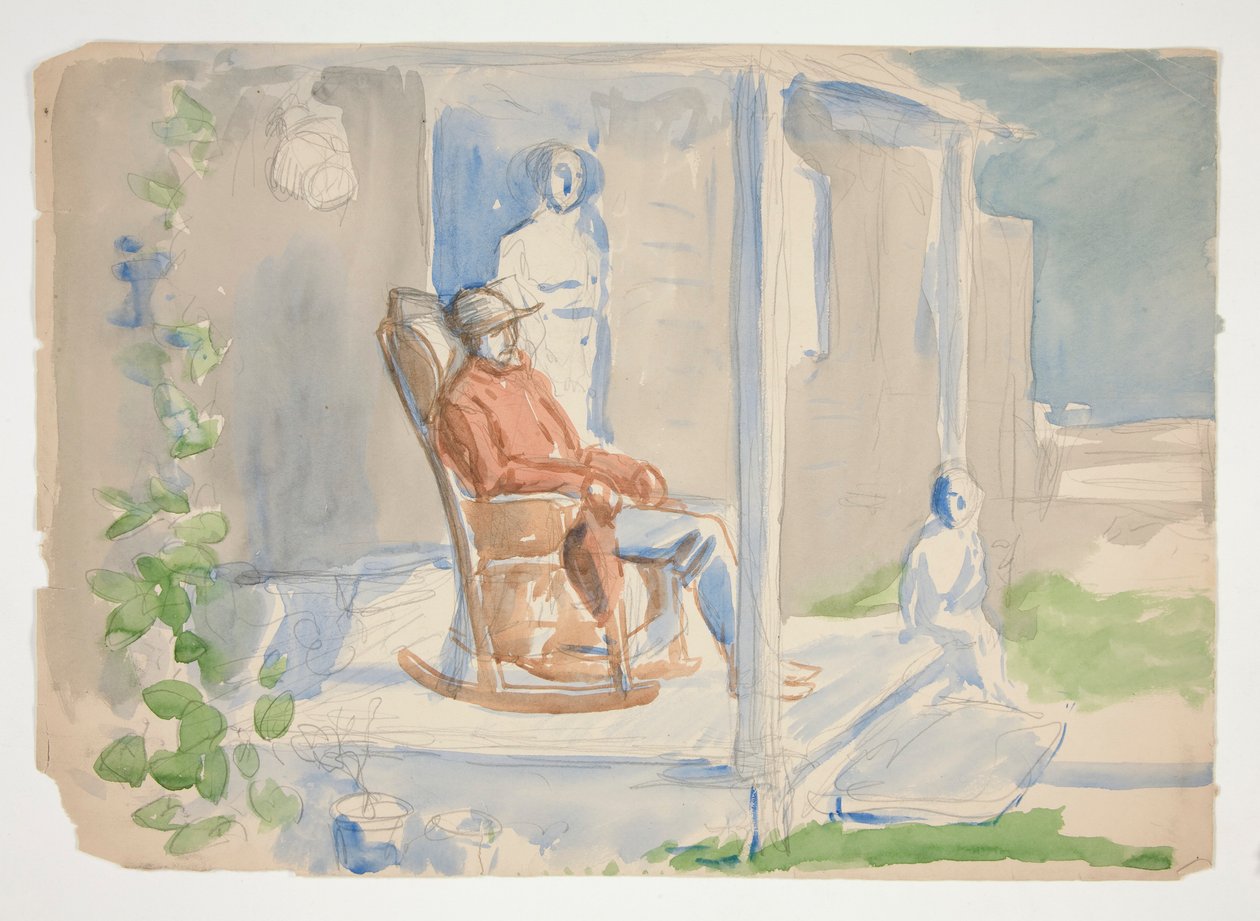Homme dans un fauteuil à bascule sur le porche avec sa femme et son enfant - illustration non identifiée - Edwin Austin Abbey