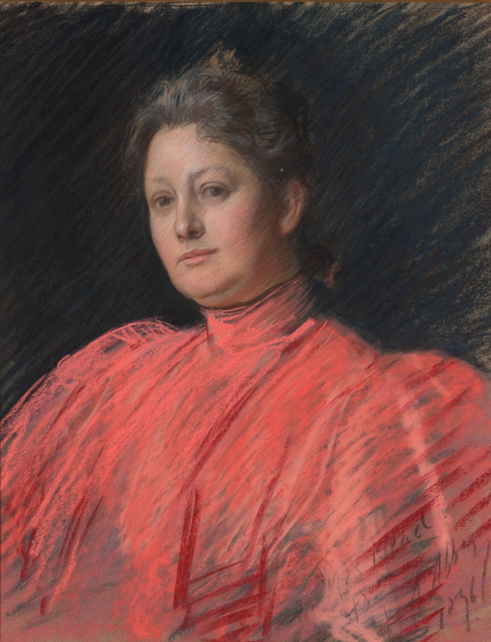 Portrait de Mme Abbey en robe rose, longueur de la taille - Edwin Austin Abbey
