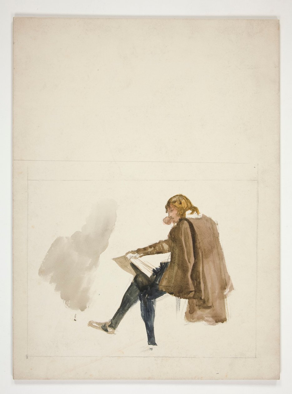 Jeune homme assis en manteau brun, lisant - illustration non identifiée - Edwin Austin Abbey